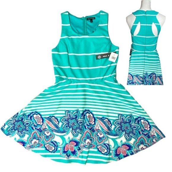 As U Wish Cut Out Skater Dress Mini Flare Stripe Floral White Teal Junior Large - Picture 16 of 16